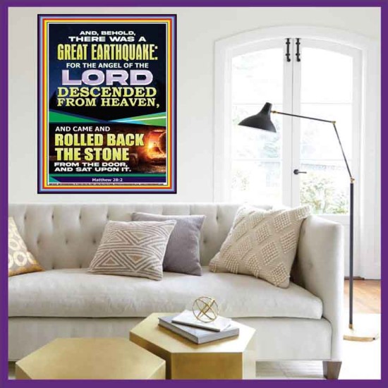 THE ANGEL OF THE LORD DESCENDED FROM HEAVEN AND ROLLED BACK THE STONE FROM THE DOOR  Custom Wall Scripture Art  GWOVERCOMER11826  