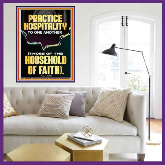 PRACTICE HOSPITALITY TO ONE ANOTHER  Contemporary Christian Wall Art Portrait  GWOVERCOMER12254  