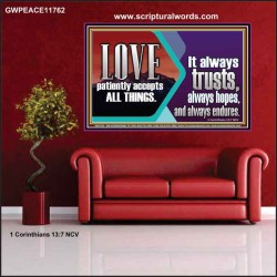 LOVE PATIENTLY ACCEPTS ALL THINGS. IT ALWAYS TRUST HOPE AND ENDURES  Unique Scriptural Poster  GWPEACE11762  "14X12"