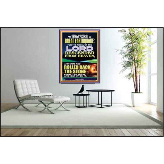 THE ANGEL OF THE LORD DESCENDED FROM HEAVEN AND ROLLED BACK THE STONE FROM THE DOOR  Custom Wall Scripture Art  GWPEACE11826  