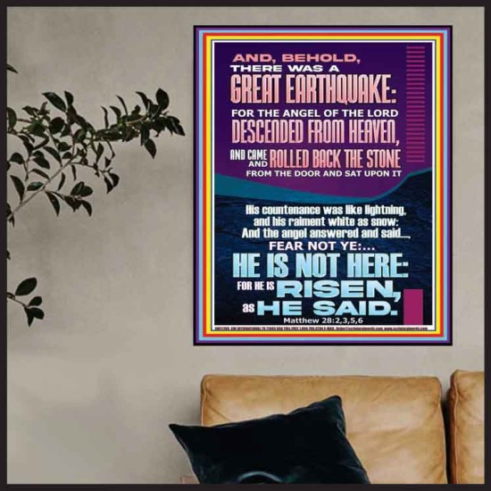 A GREAT EARTHQUAKE AND THE STONE ROLLED BACK FROM THE DOOR  Contemporary Christian Wall Art Poster  GWPOSTER11769  