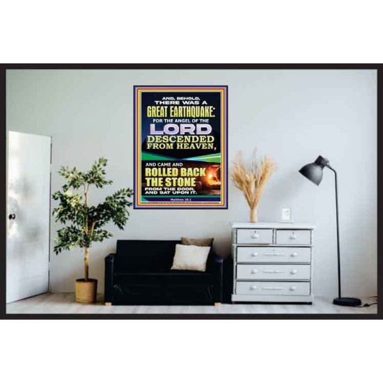 THE ANGEL OF THE LORD DESCENDED FROM HEAVEN AND ROLLED BACK THE STONE FROM THE DOOR  Custom Wall Scripture Art  GWPOSTER11826  