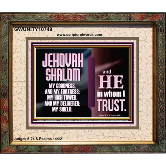 JEHOVAH SHALOM OUR GOODNESS FORTRESS HIGH TOWER DELIVERER AND SHIELD  Encouraging Bible Verse Portrait  GWUNITY10749  