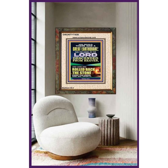 THE ANGEL OF THE LORD DESCENDED FROM HEAVEN AND ROLLED BACK THE STONE FROM THE DOOR  Custom Wall Scripture Art  GWUNITY11826  