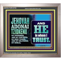 JEHOVAH ADONAI TZIDKENU OUR RIGHTEOUSNESS OUR GOODNESS FORTRESS HIGH TOWER DELIVERER AND SHIELD  Christian Quotes Portrait  GWVICTOR10753  "16X14"