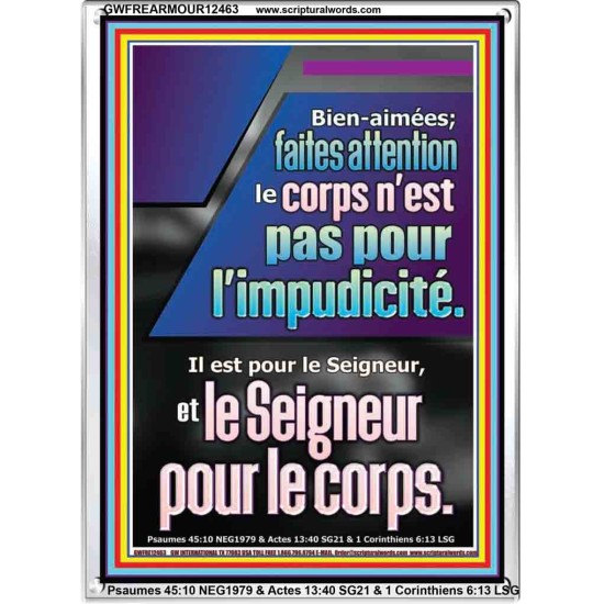 faites attention le corps n'est pas pour l'impudicité. Il est pour le Seigneur, Cadre acrylique puissance éternelle (GWFREARMOUR12463) 