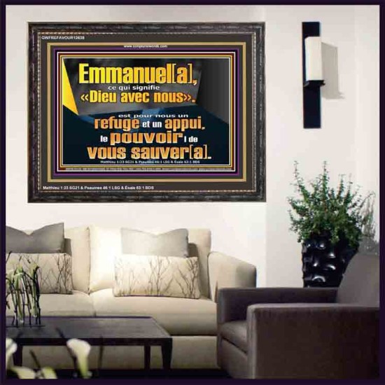 Emmanuel[a], ce qui signifie «Dieu avec nous». le pouvoir |de vous sauver[a]. Grand art mural scriptural encadré (GWFREFAVOUR12638) 
