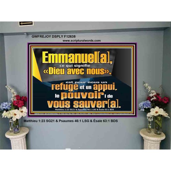 Emmanuel[a], ce qui signifie «Dieu avec nous». le pouvoir |de vous sauver[a]. Art mural biblique grand portrait (GWFREJOY12638) 