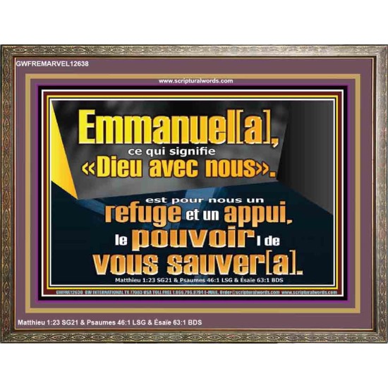 Emmanuel[a], ce qui signifie «Dieu avec nous». le pouvoir |de vous sauver[a]. Grand art mural scriptural encadré (GWFREMARVEL12638) 