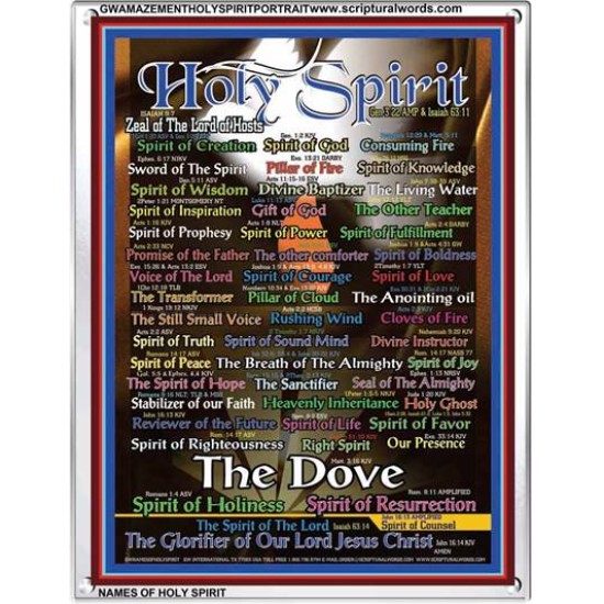 NAMES OF HOLY SPIRIT WITH BIBLE VERSES  Biblical Art Acrylic Glass Frame   (GWAMAZEMENTHOLYSPIRITPORTRAIT)   