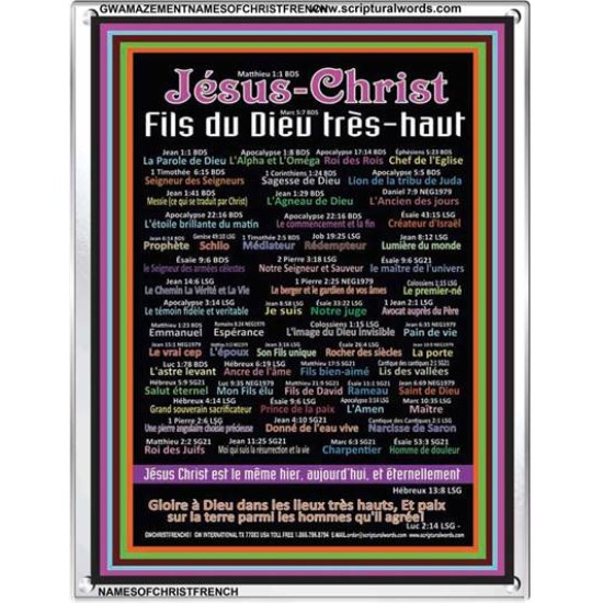 NAMES OF JESUS CHRIST WITH BIBLE VERSES IN FRENCH LANGUAGE {Noms de Jésus Christ} Frame Art  (GWAMAZEMENTNAMESOFCHRISTFRENCH)   