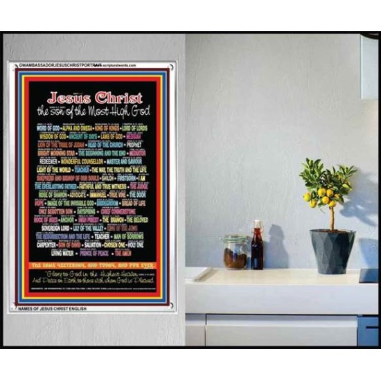 NAMES OF JESUS CHRIST WITH BIBLE VERSES    Religious Art Acrylic Glass Frame   (GWAMBASSADORJESUSCHRISTPORTRAIT)   