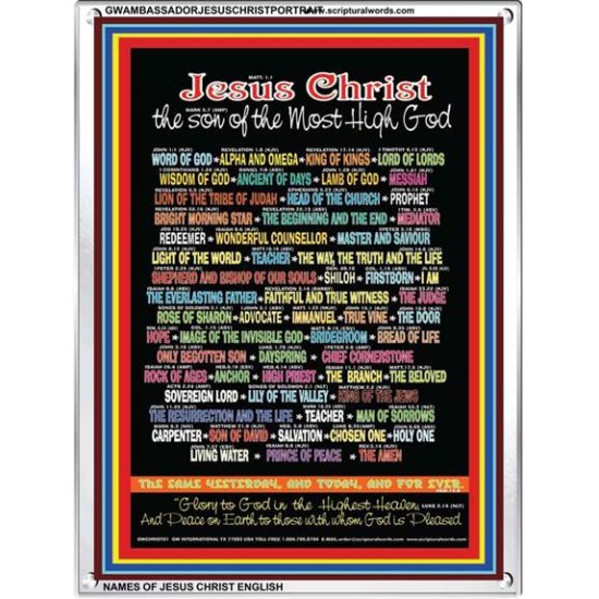 NAMES OF JESUS CHRIST WITH BIBLE VERSES    Religious Art Acrylic Glass Frame   (GWAMBASSADORJESUSCHRISTPORTRAIT)   