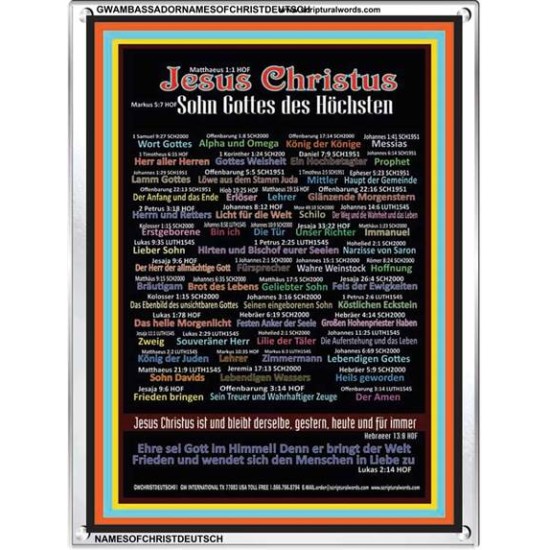 NAMES OF JESUS CHRIST WITH BIBLE VERSES IN GERMAN LANGUAGE {Namen Jesu Christi}   Acrylic Glass Frame   (GWAMBASSADORNAMESOFCHRISTDEUTSCH)   