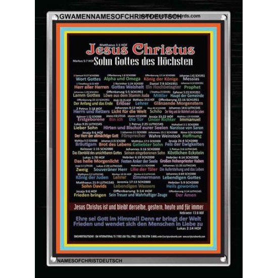 NAMES OF JESUS CHRIST WITH BIBLE VERSES IN GERMAN {Namen Jesu Christi}   Acrylic Glass Frame  (GWAMENNAMESOFCHRISTDEUTSCH)   