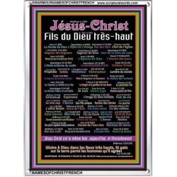 NAMES OF JESUS CHRIST WITH BIBLE VERSES IN FRENCH LANGUAGE {Noms de Jésus Christ} Frame Art   (GWARMOURNAMESOFCHRISTFRENCH)   "12X18"