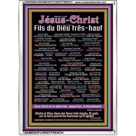 NAMES OF JESUS CHRIST WITH BIBLE VERSES IN FRENCH LANGUAGE {Noms de Jésus Christ} Frame Art   (GWARMOURNAMESOFCHRISTFRENCH)   