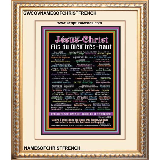 NAMES OF JESUS CHRIST WITH BIBLE VERSES IN FRENCH LANGUAGE  {Noms de Jésus Christ} Frame Art  (GWCOVNAMESOFCHRISTFRENCH)   