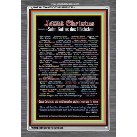 NAMES OF JESUS CHRIST WITH BIBLE VERSES IN GERMAN LANGUAGE {Namen Jesu Christi}   Acrylic Glass Frame  (GWEXALTNAMESOFCHRISTDEUTSCH)   