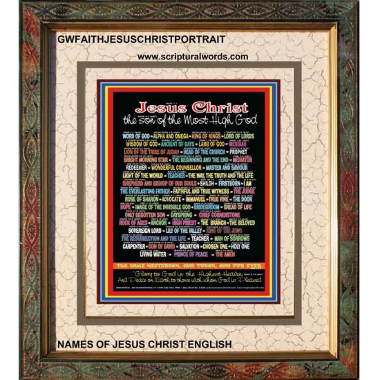 NAMES OF JESUS CHRIST WITH BIBLE VERSES Wooden Frame   (GWFAITHJESUSCHRISTPORTRAIT)   