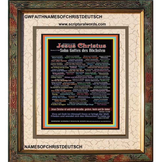 NAMES OF JESUS CHRIST WITH BIBLE VERSES IN GERMAN LANGUAGE {Namen Jesu Christi}   Wooden Frame  (GWFAITHNAMESOFCHRISTDEUTSCH)   