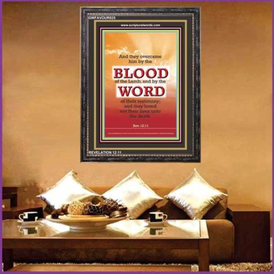 OVERCOME BY THE BLOOD OF THE LAMB   Large Frame Scripture Wall Art   (GWFAVOUR025)   