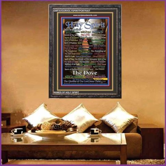 NAMES OF HOLY SPIRIT WITH BIBLE VERSES  Wooden Frame   (GWFAVOURHOLYSPIRITPORTRAIT)   