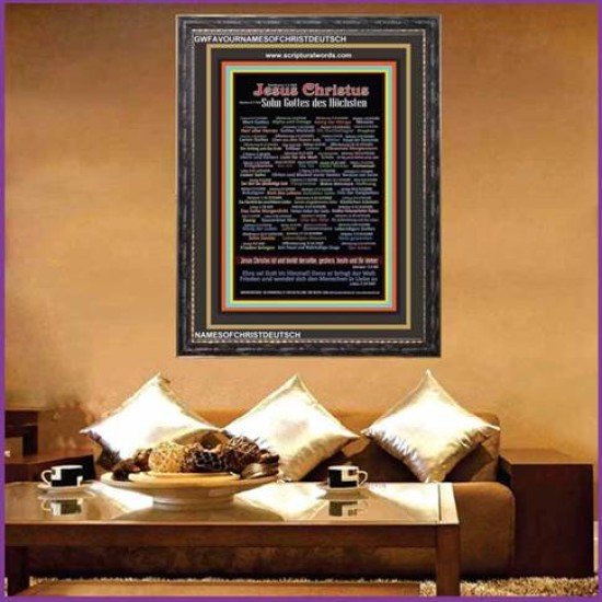 NAMES OF JESUS CHRIST WITH BIBLE VERSES IN GERMAN LANGUAGE {Namen Jesu Christi}   Wooden Frame  (GWFAVOURNAMESOFCHRISTDEUTSCH)   