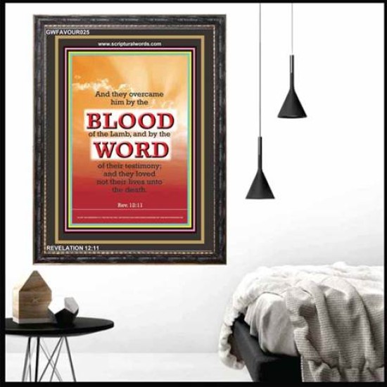 OVERCOME BY THE BLOOD OF THE LAMB   Large Frame Scripture Wall Art   (GWFAVOUR025)   