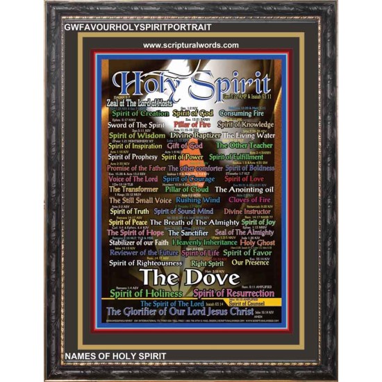 NAMES OF HOLY SPIRIT WITH BIBLE VERSES  Wooden Frame   (GWFAVOURHOLYSPIRITPORTRAIT)   