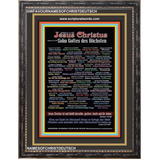 NAMES OF JESUS CHRIST WITH BIBLE VERSES IN GERMAN LANGUAGE {Namen Jesu Christi}   Wooden Frame  (GWFAVOURNAMESOFCHRISTDEUTSCH)   