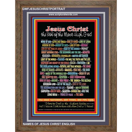 NAMES OF JESUS CHRIST WITH BIBLE VERSES    Wooden Frame   (GWFJESUSCHRISTPORTRAIT)   