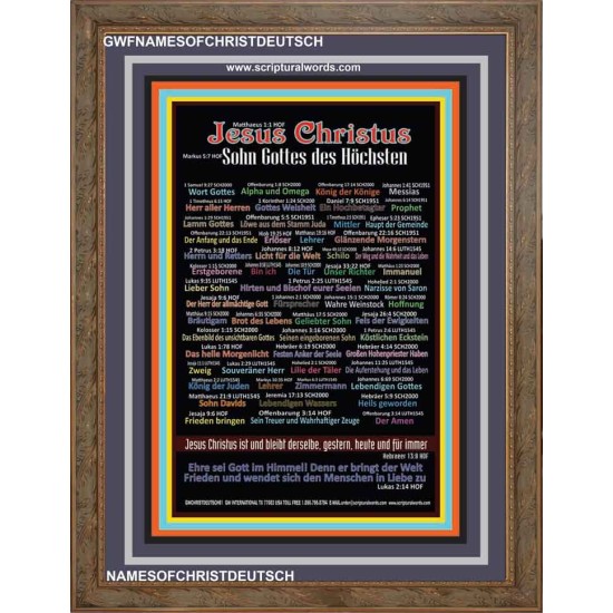NAMES OF JESUS CHRIST WITH BIBLE VERSES IN GERMAN LANGUAGE {Namen Jesu Christi}   Wooden Frame  (GWFNAMESOFCHRISTDEUTSCH)   