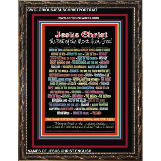 NAMES OF JESUS CHRIST WITH BIBLE VERSES Wooden Frame   (GWGLORIOUSJESUSCHRISTPORTRAIT)   