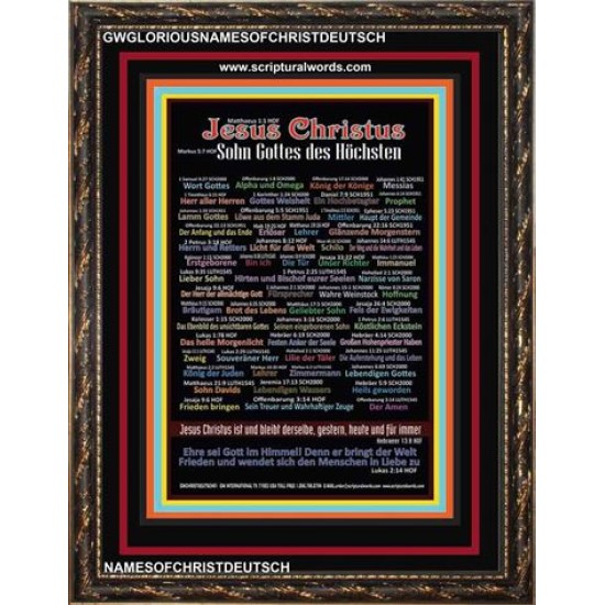NAMES OF JESUS CHRIST WITH BIBLE VERSES IN GERMAN LANGUAGE {Namen Jesu Christi}   Wooden Frame   (GWGLORIOUSNAMESOFCHRISTDEUTSCH)   