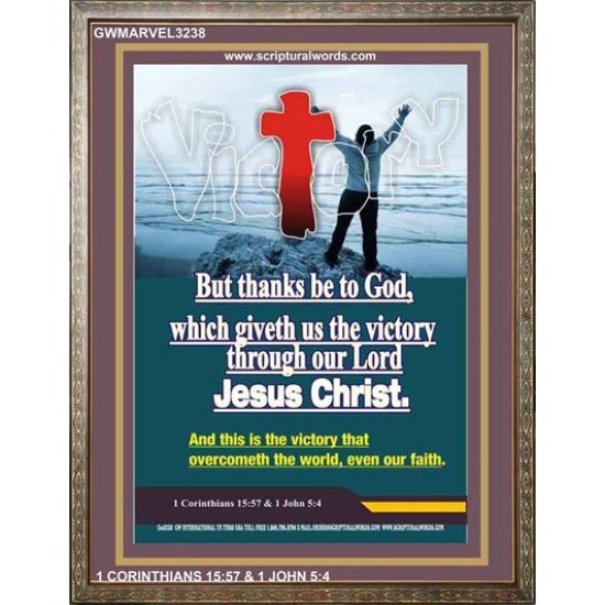 VICTORY THROUGH OUR LORD JESUS CHRIST   Encouraging Bible Verses Framed   (GWMARVEL3238)   