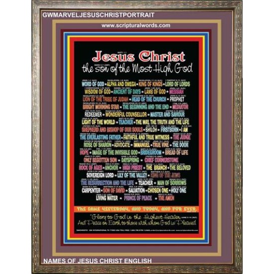 NAMES OF JESUS CHRIST WITH BIBLE VERSES Wooden Frame   (GWMARVELJESUSCHRISTPORTRAIT)   