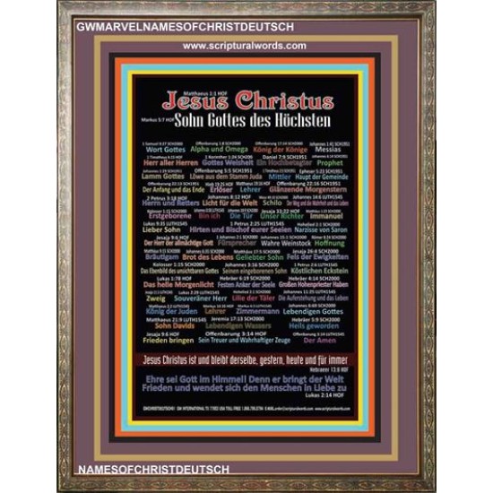 NAMES OF JESUS CHRIST WITH BIBLE VERSES IN GERMAN LANGUAGE {Namen Jesu Christi}   Wooden Frame  (GWMARVELNAMESOFCHRISTDEUTSCH)   