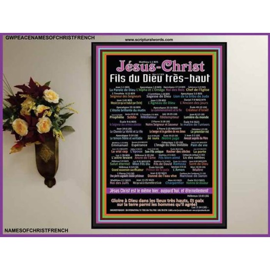 NAMES OF JESUS CHRIST WITH BIBLE VERSES IN FRENCH LANGUAGE  {Noms de Jésus Christ} Poster  (GWPEACENAMESOFCHRISTFRENCH)   