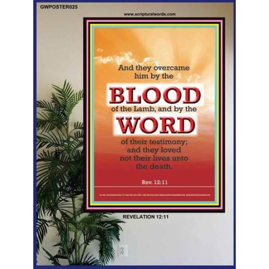 OVERCOME BY THE BLOOD OF THE LAMB   Large Frame Scripture Wall Art   (GWPOSTER025)   