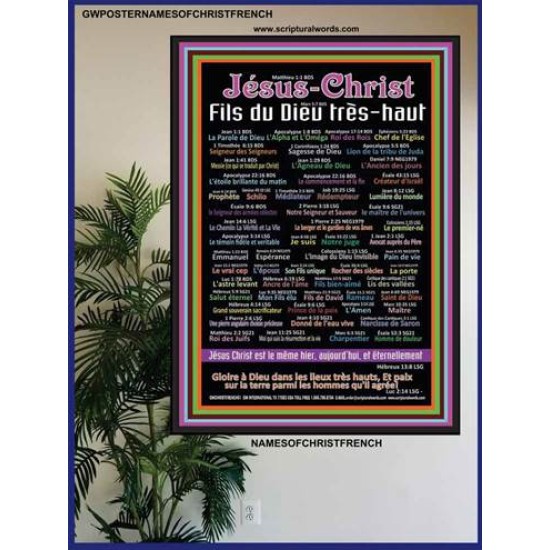 NAMES OF JESUS CHRIST WITH BIBLE VERSES IN FRENCH LANGUAGE {Noms de Jésus Christ}  Frame Art   (GWPOSTERNAMESOFCHRISTFRENCH)   
