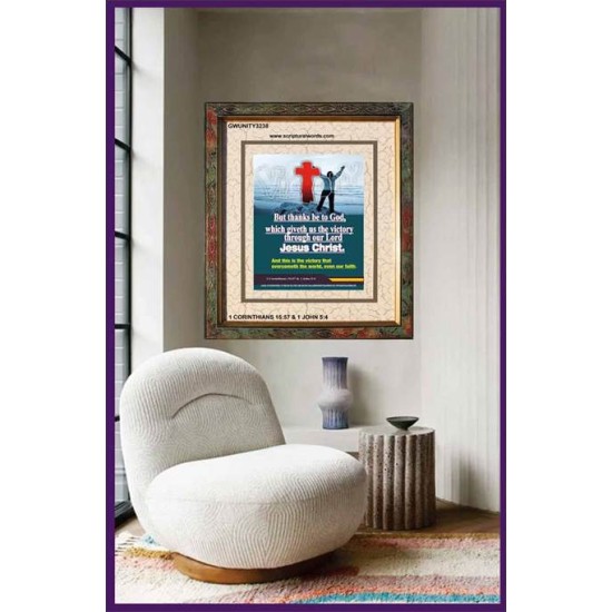 VICTORY THROUGH OUR LORD JESUS CHRIST   Encouraging Bible Verses Framed   (GWUNITY3238)   