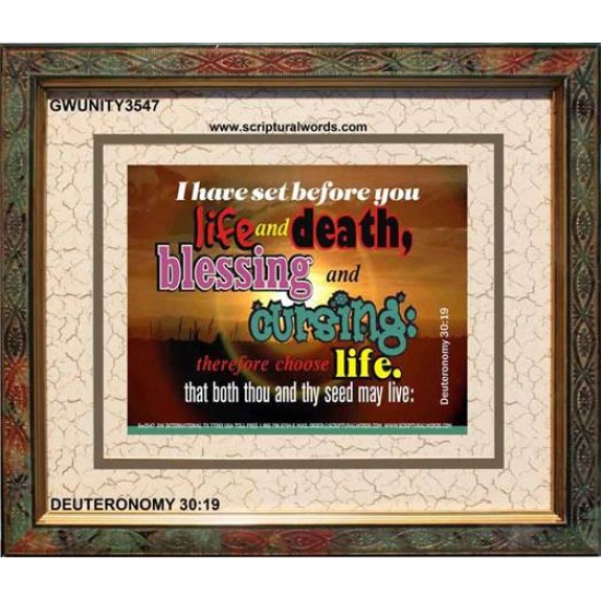 SET BEFORE YOU LIFE AND DEATH   Bible Verse Framed Art   (GWUNITY3547)   